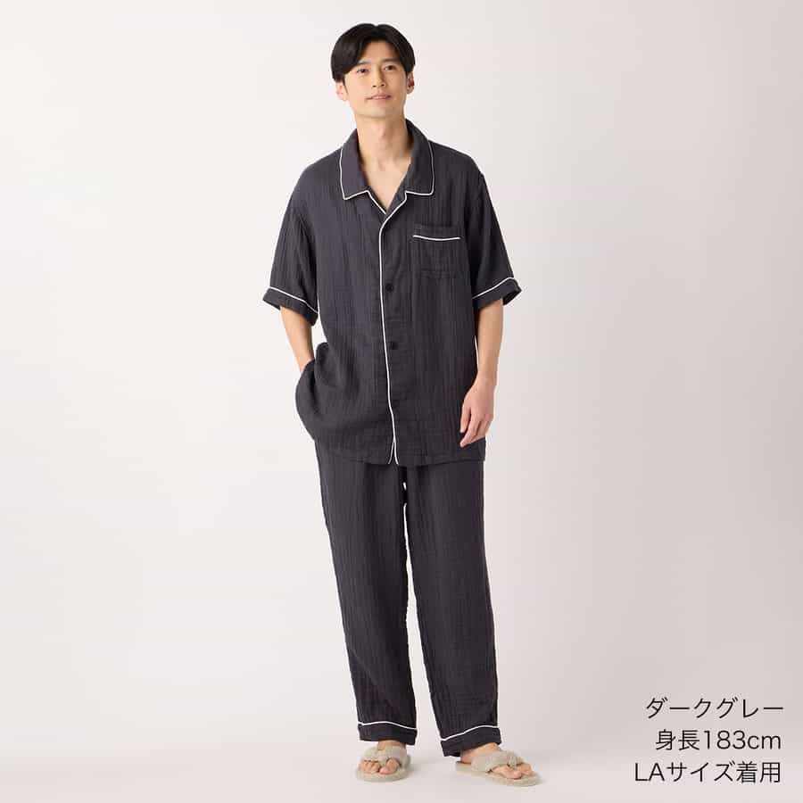 クレープガーゼパイピング半袖メンズパジャマ