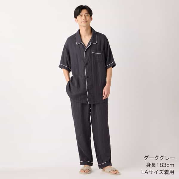 クレープガーゼパイピング半袖メンズパジャマ