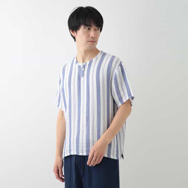 クレープガーゼ ストライプヘンリーネックTシャツ
