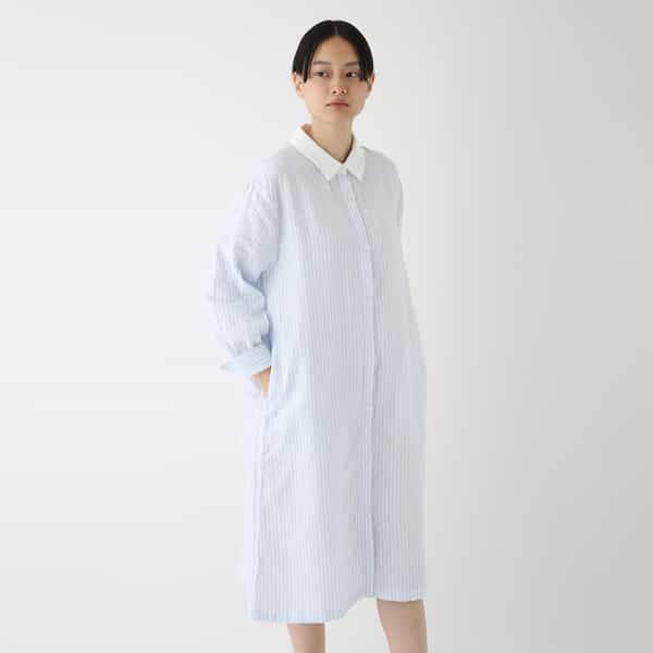 マシュマロガーゼ レディスストライプ柄シャツカラーワンピース